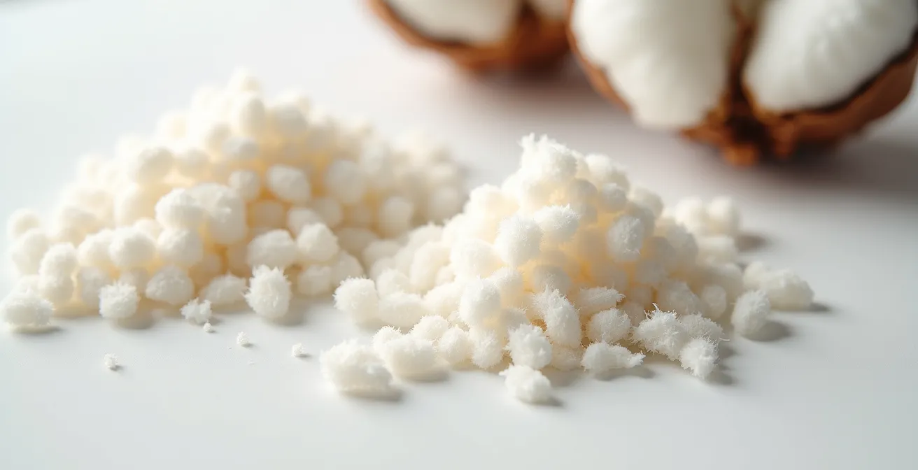 Vista macro delle fibre di cotone riciclato che mostra la differenza di lunghezza rispetto alle fibre vergini