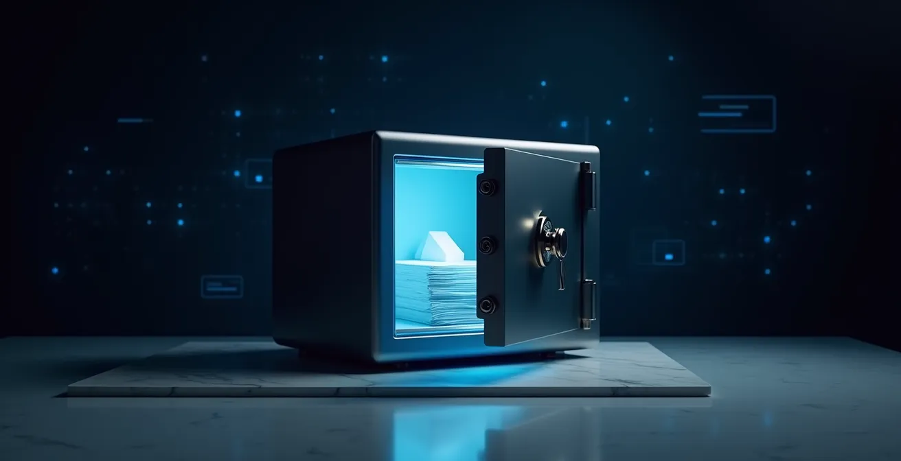 Cassaforte digitale simbolica con documenti protetti in ambiente professionale sicuro
