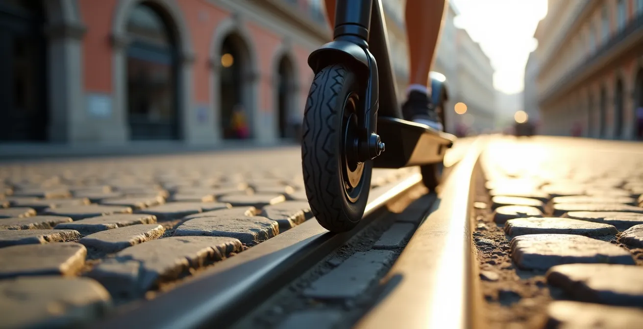 Dettaglio ravvicinato di una ruota di monopattino che attraversa i binari del tram a Milano