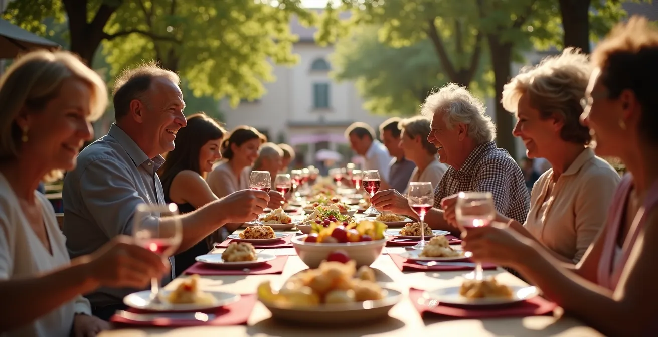 Lunga tavolata all'aperto durante una sagra paesana con persone che condividono cibo