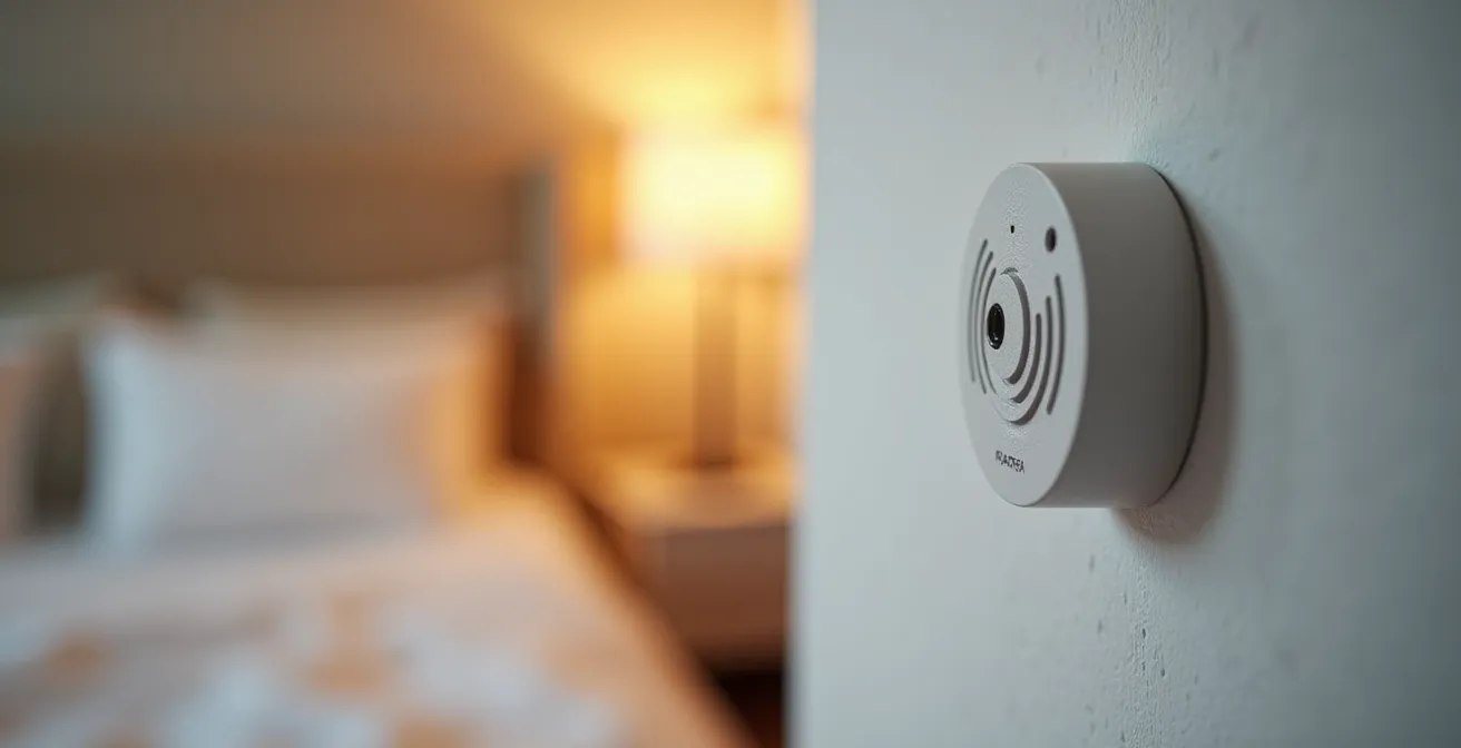 Sensore radar discreto montato su parete in camera da letto che garantisce la privacy