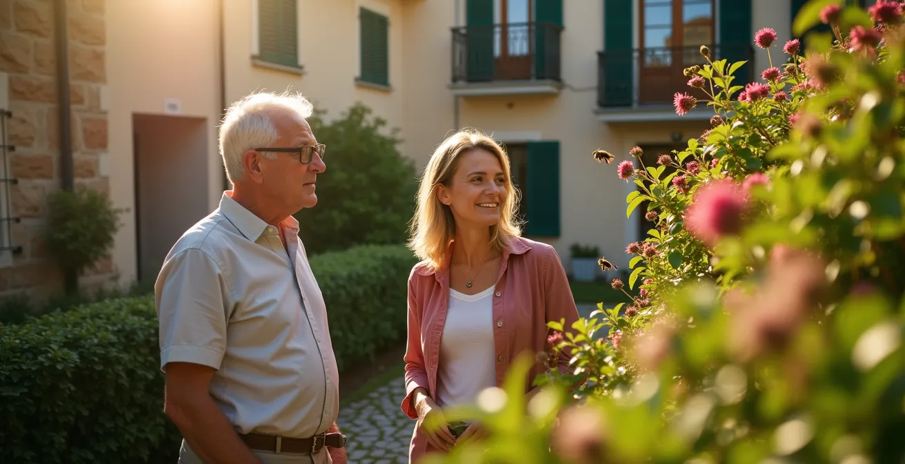 Vista ampia di un cortile condominiale italiano con siepe mista fiorita e residenti che osservano le api