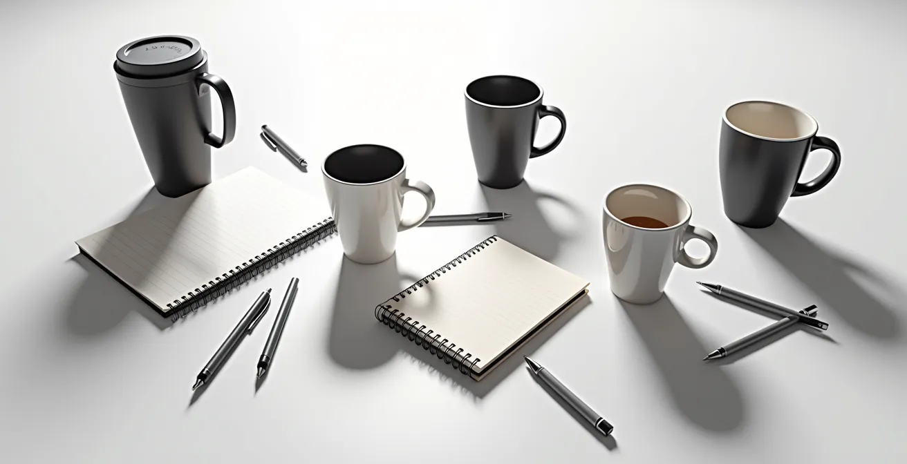 Composizione simbolica del sovraccarico mentale con oggetti d'ufficio