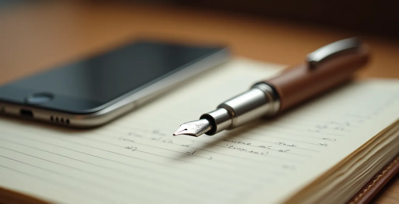 Scrivania italiana organizzata per il lavoro profondo senza dispositivi digitali