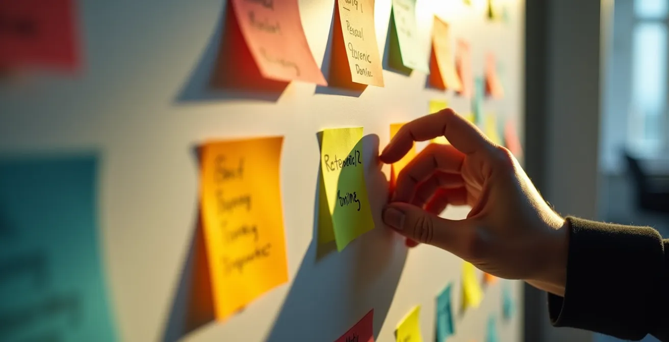 Professionista italiano che organizza task su una board fisica con post-it colorati per priorità