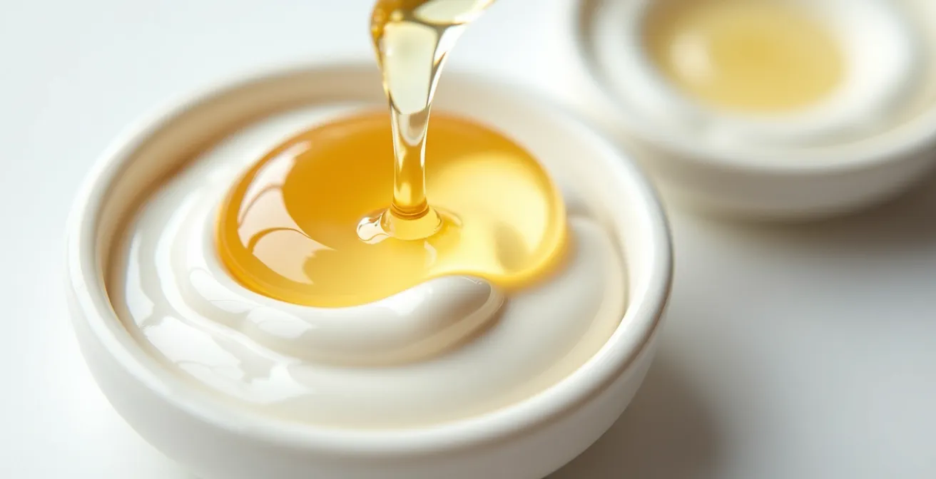 Texture stratificate di sieri e creme in sequenza su superficie riflettente