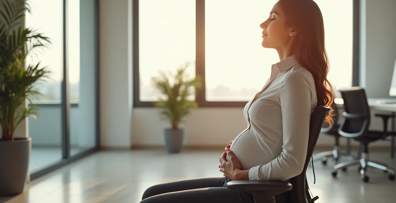 Professionista che pratica respirazione profonda in ambiente ufficio italiano