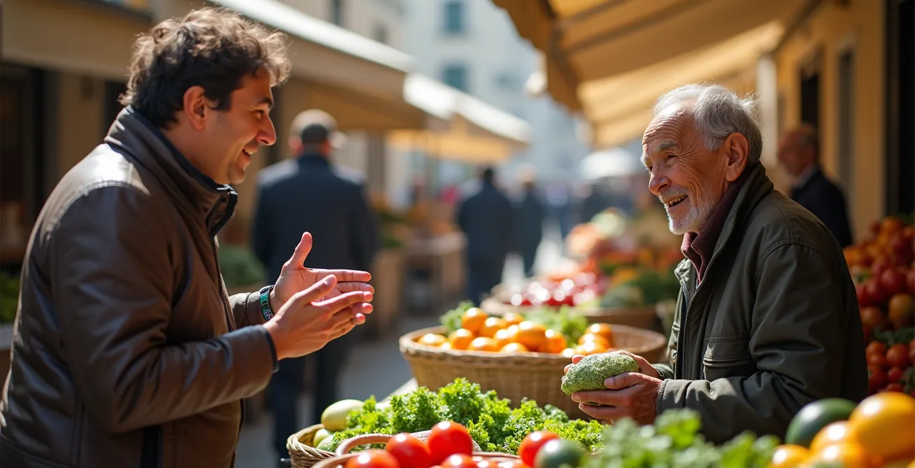 Scambio genuino tra visitatore e venditore al mercato tradizionale italiano