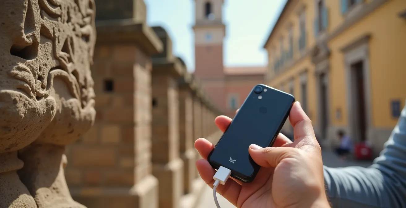 Mano tiene smartphone con power bank attaccato mentre esplora piazza storica italiana