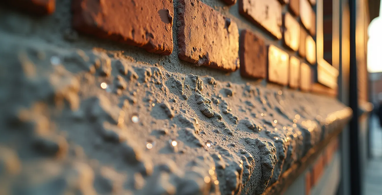 Dettaglio ravvicinato di superficie muraria trattata con vernice fotocatalitica su edificio storico