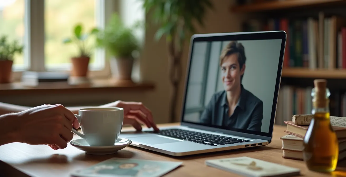 Persona sorridente durante videochiamata con oggetti culturali italiani visibili