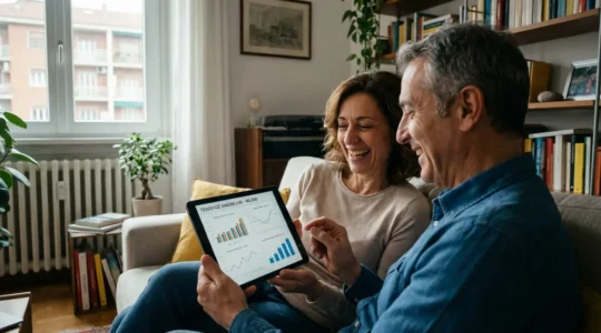 Coppia italiana che consulta una valutazione immobiliare su tablet nel soggiorno di casa