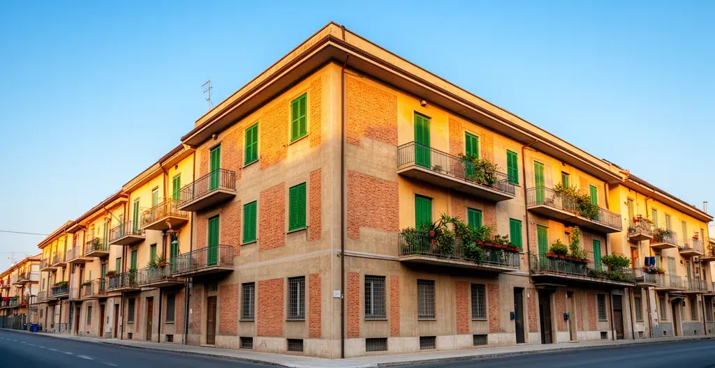 Edificio residenziale italiano tipico, palazzina anni '60-'70 con balconi in zona residenziale