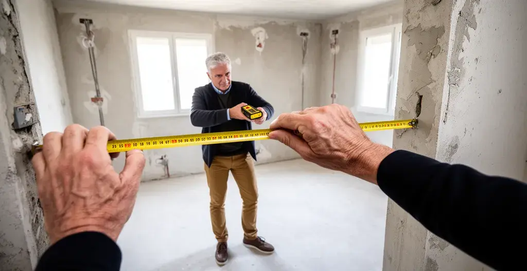 Perito immobiliare che effettua misurazioni durante un sopralluogo in appartamento