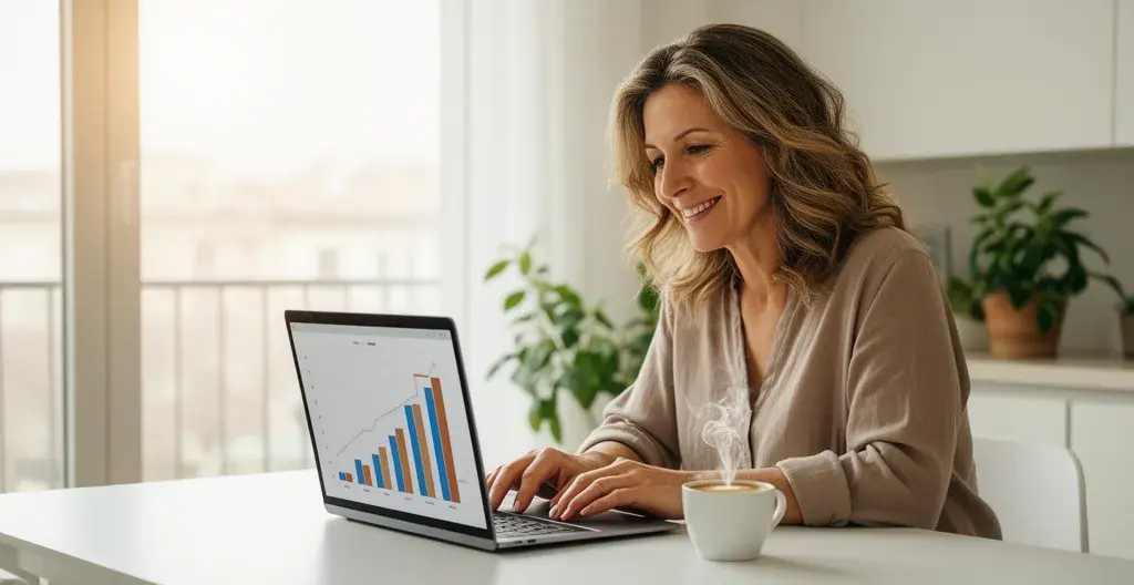 Donna proprietaria che consulta il risultato di una valutazione immobiliare online sul laptop