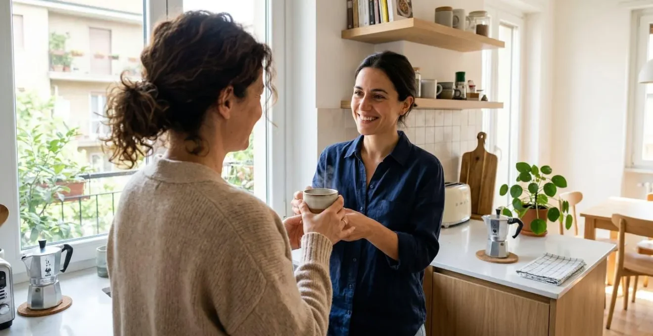 Due persone in una cucina moderna e luminosa, una persona offre una tazza fumante all'altra in un gesto di cura e attenzione
