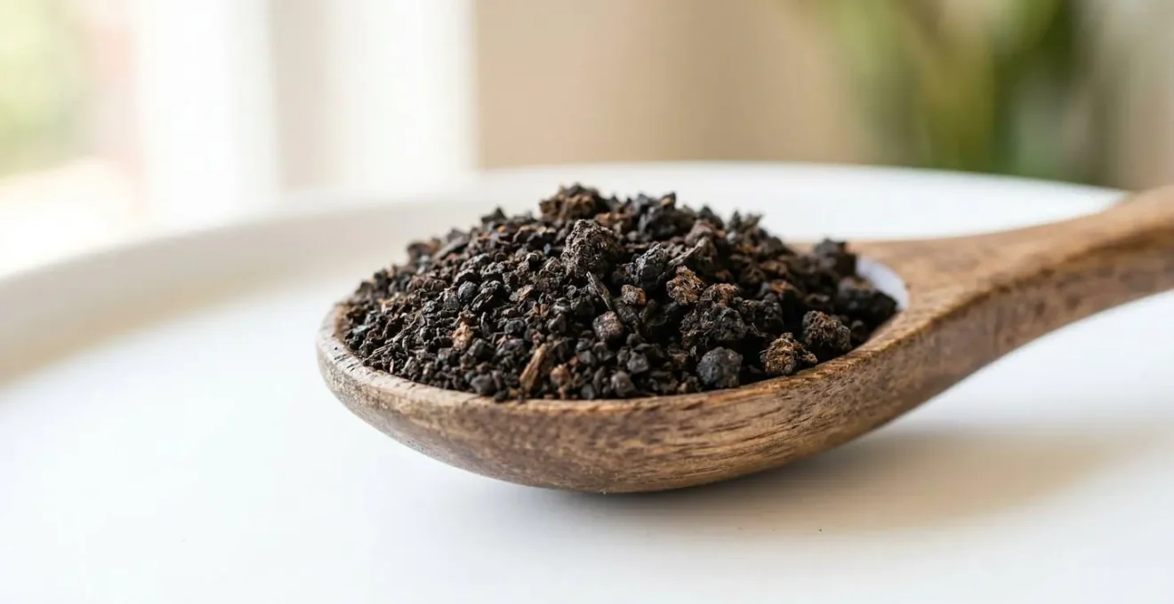 Primo piano ravvicinato di polvere nera di Chaga in un cucchiaio di legno su superficie bianca moderna, texture visibile della polvere