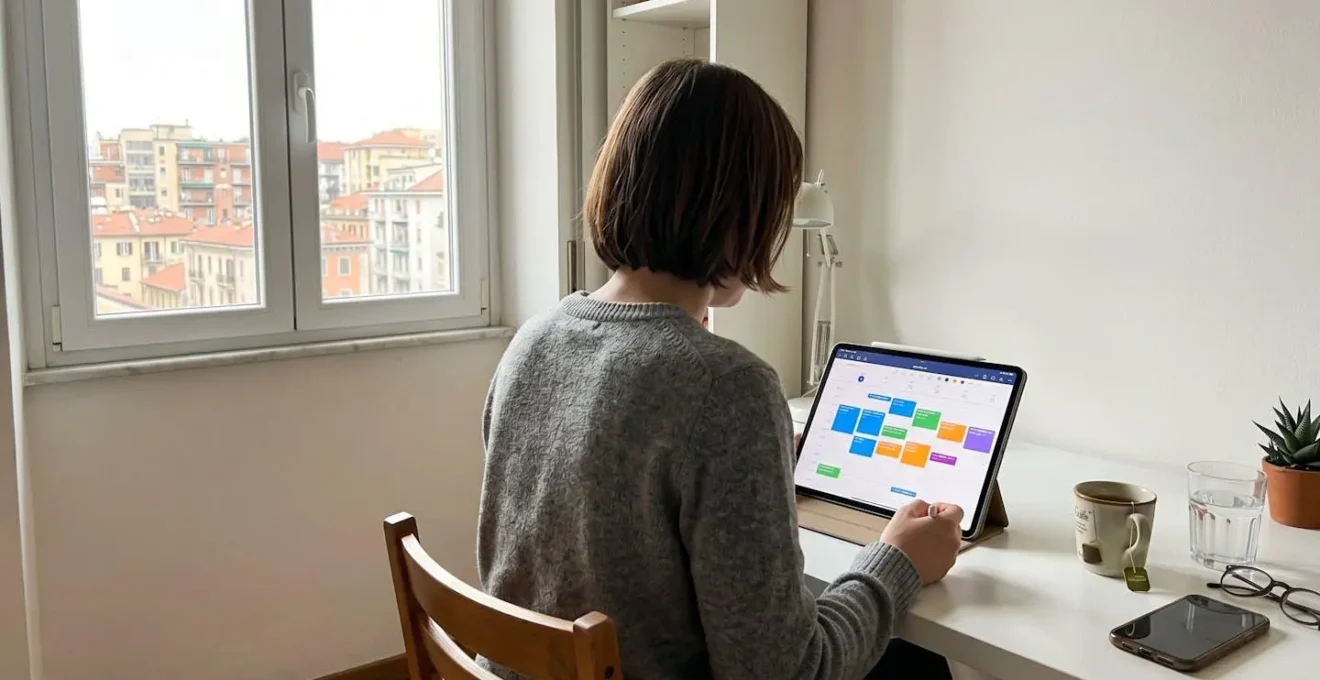 Una persona vista di spalle seduta a una scrivania luminosa guarda un calendario aperto su un tablet in un ambiente domestico moderno