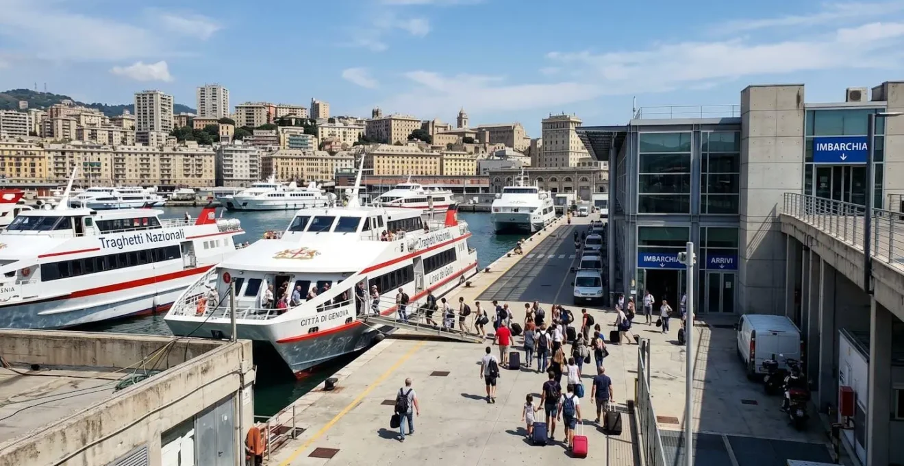 Vista ampia di un porto italiano moderno con diversi traghetti bianchi e rossi ormeggiati lungo le banchine sotto un cielo azzurro