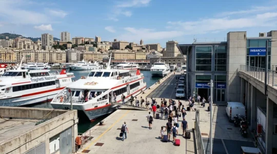 Vista ampia di un porto italiano moderno con diversi traghetti bianchi e rossi ormeggiati lungo le banchine sotto un cielo azzurro