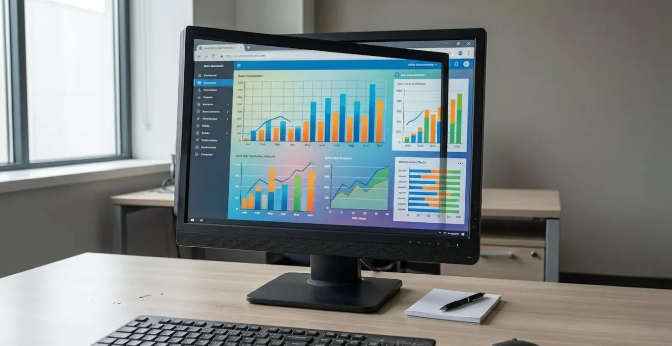 Primo piano ravvicinato di uno schermo di computer che mostra una tabella con date e numeri leggermente sfocati su uno sfondo di scrivania moderna