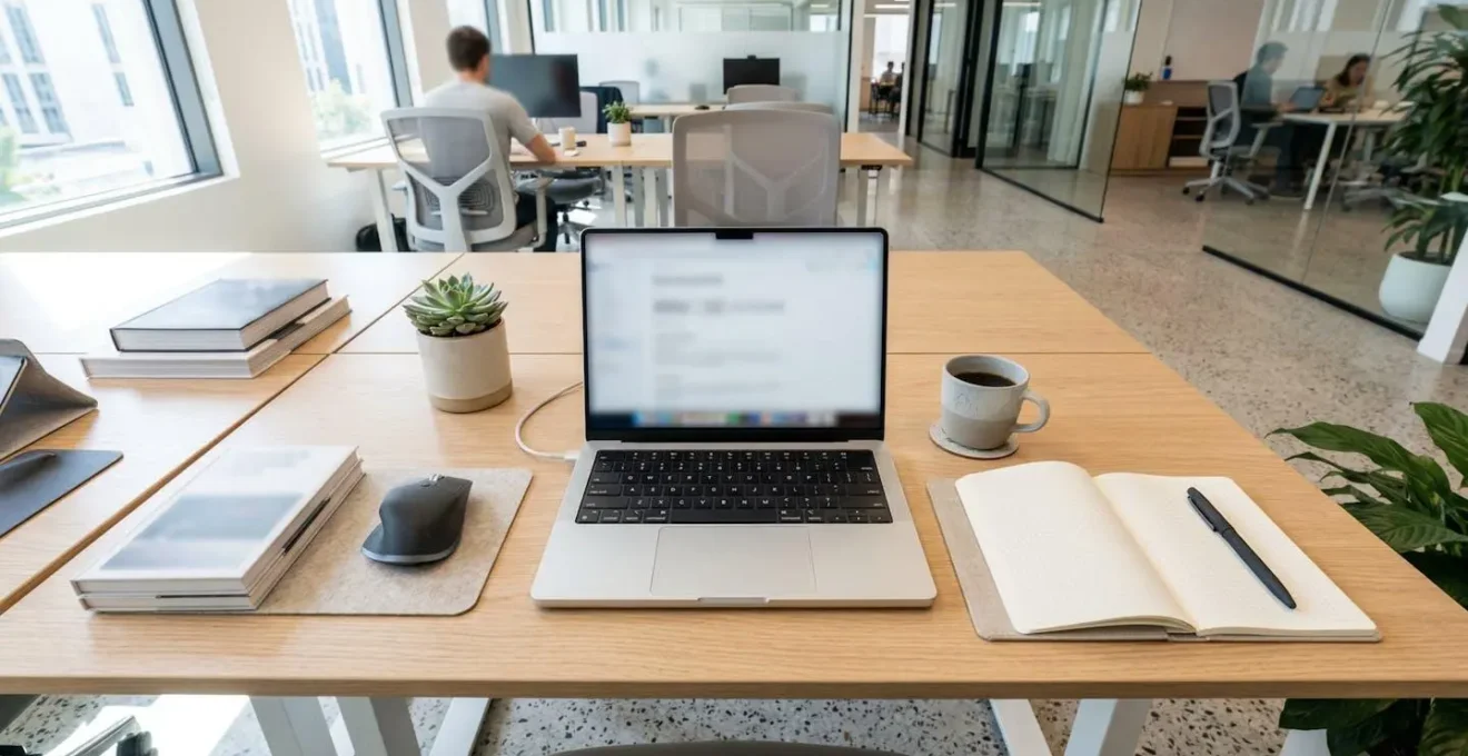 Scrivania di ufficio moderno vista dall'alto con laptop aperto, tazza di caffè e agenda, luce naturale dalla finestra