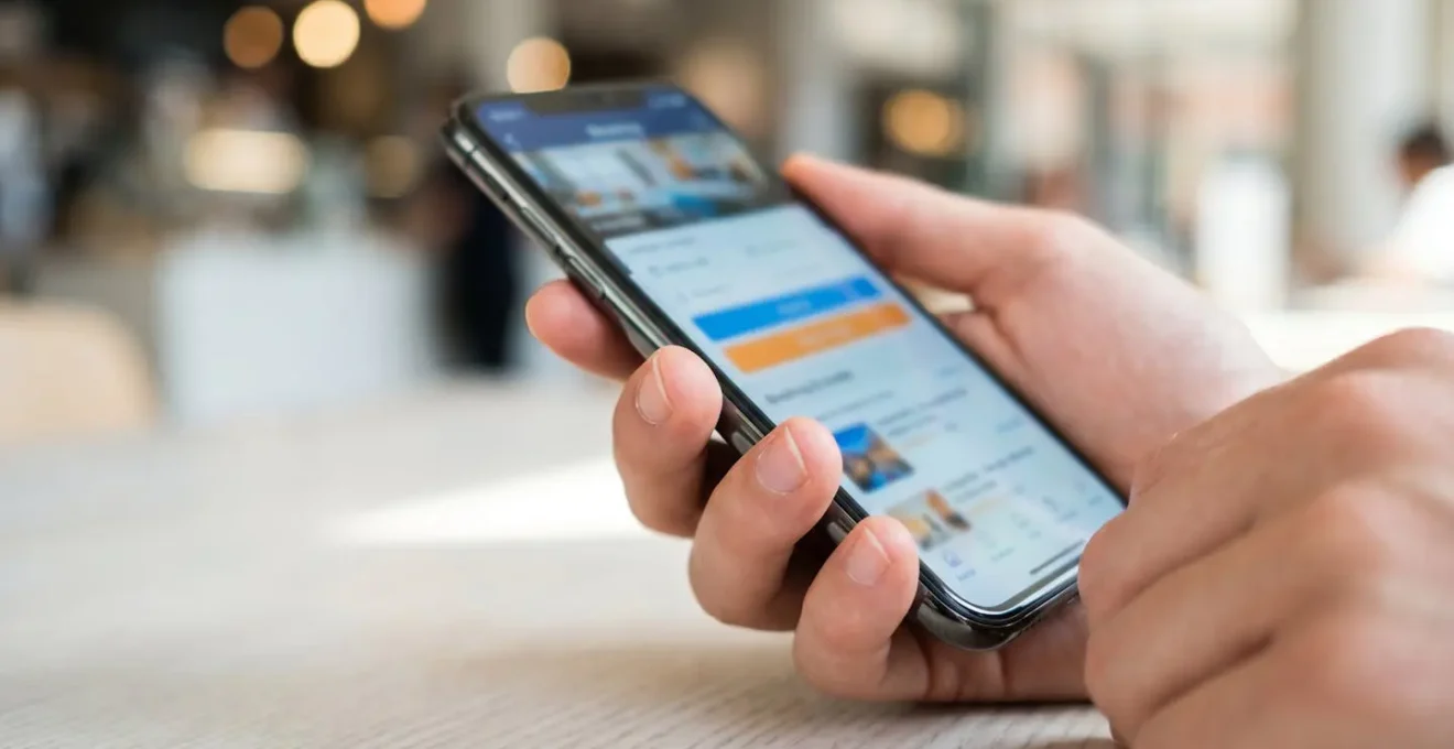 Primo piano macro di mani che tengono uno smartphone mostrando un'interfaccia di prenotazione con testo completamente sfocato