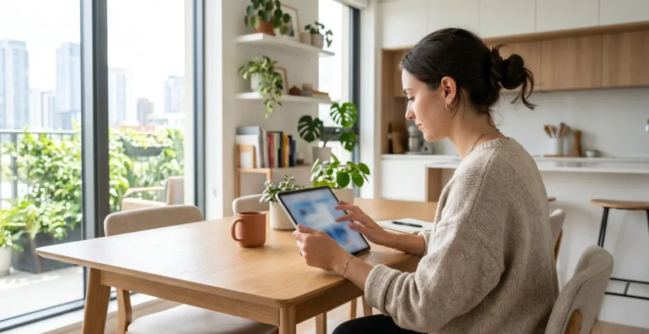 Persona vista di profilo laterale che consulta un tablet in un soggiorno moderno luminoso con luce naturale dalla finestra