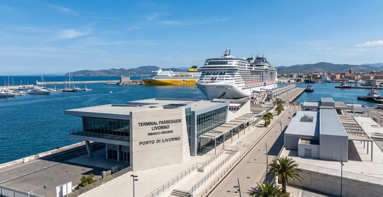 Vista panoramica di un moderno porto italiano mediterraneo con infrastrutture contemporanee sotto cielo luminoso